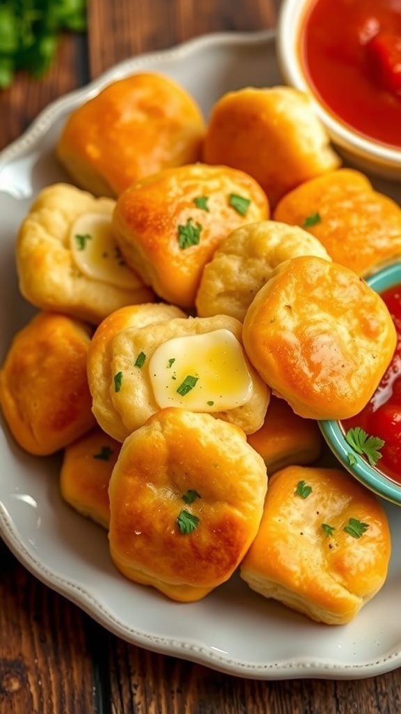 Easy Garlic Biscuit Bread Recipe Golden garlic biscuit bread pieces on a plate, garnished with parsley, with marinara sauce on the side.